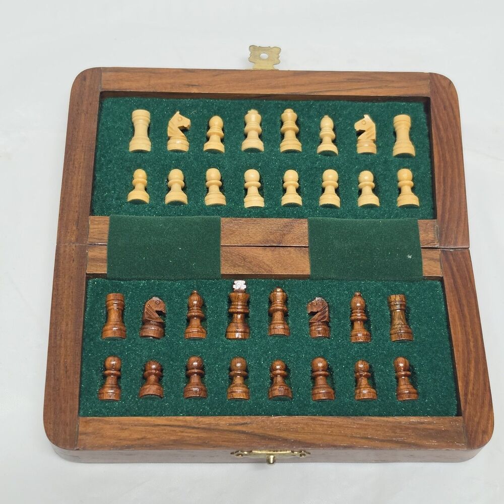 Vintage Mini Pocket Magnetic Chess Wooden Folding Travel Set With Board 5.5"